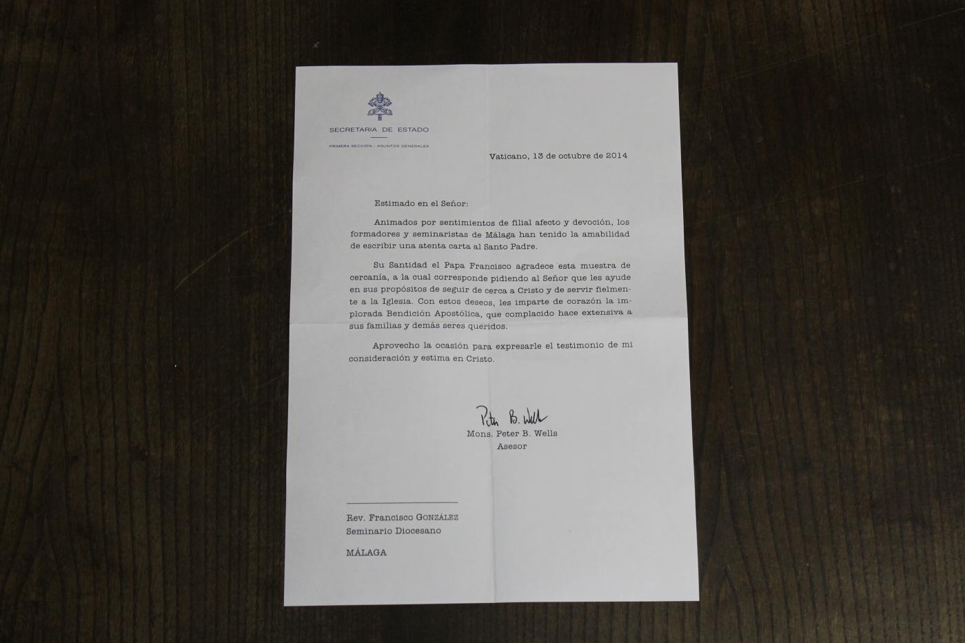 Carta de agradecimiento enviada desde el Vaticano