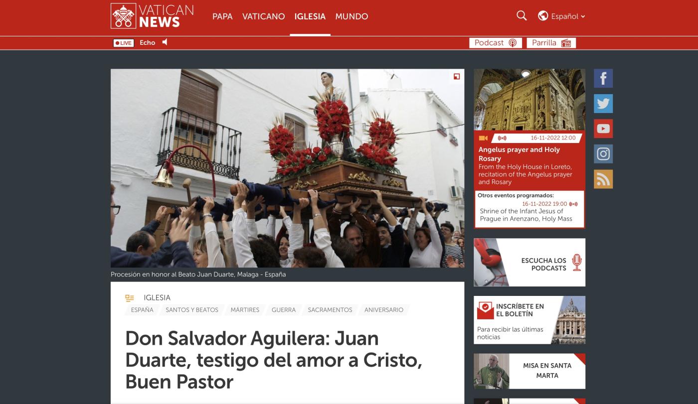 Vatican News se hace eco de la festividad del beato Juan Duarte
