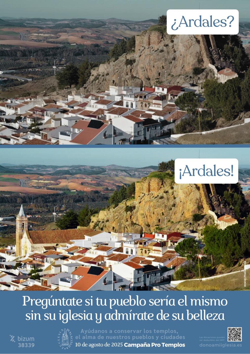 Cartel de la campaña Pro Templos con una imagen panorámica de Ardales a la que se le ha borrado la iglesia